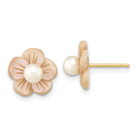 14K Yellow Gold 3-4mm Round White FWC Pearl Pink MOP Flower Earrings