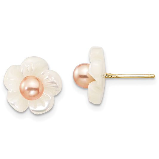 14K Yellow Gold 3-4mm Pink FWC Pearl with 10mm MOP Flower Post Earrings