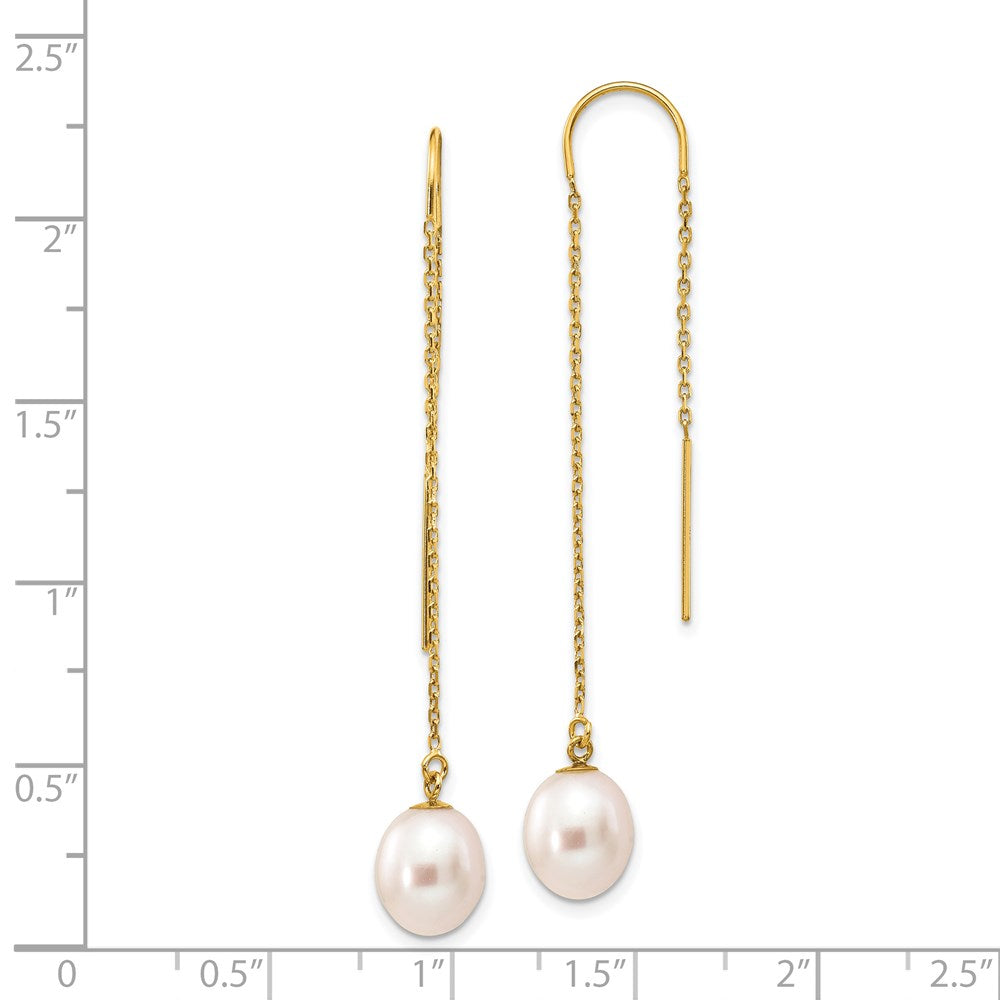 14K Yellow Gold 7-8mm White Rice FWC Pearl Dangle Threader Earrings