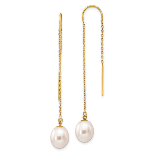 14K Yellow Gold 7-8mm White Rice FWC Pearl Dangle Threader Earrings
