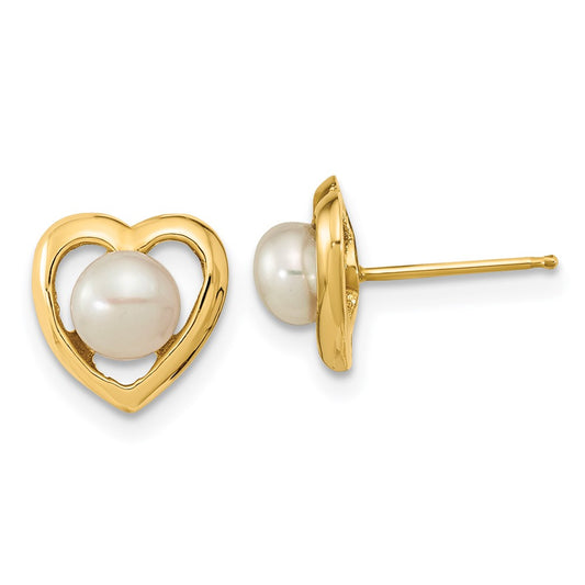 14K Yellow Gold 4-5mm White Button FWC Pearl Post Earrings