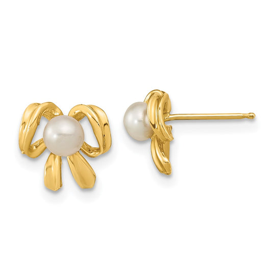 14K Yellow Gold 3-4mm White Button FWC Pearl Post Earrings