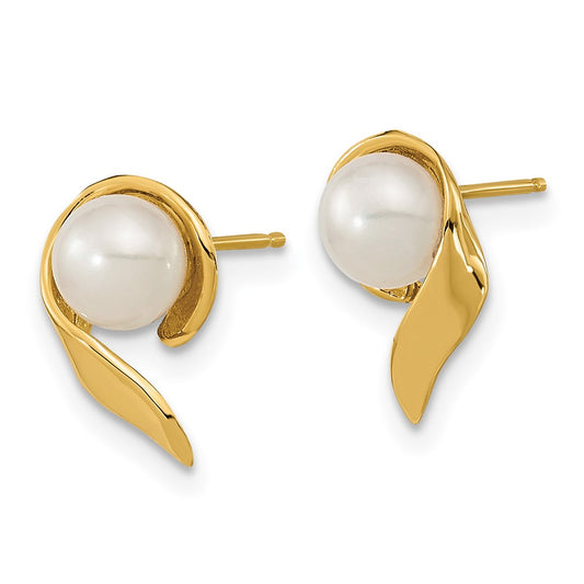 14K Yellow Gold 5-6mm White Button FWC Pearl Post Earrings