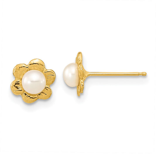 14K Yellow Gold 3-4mm White Button FWC Pearl Post Earrings