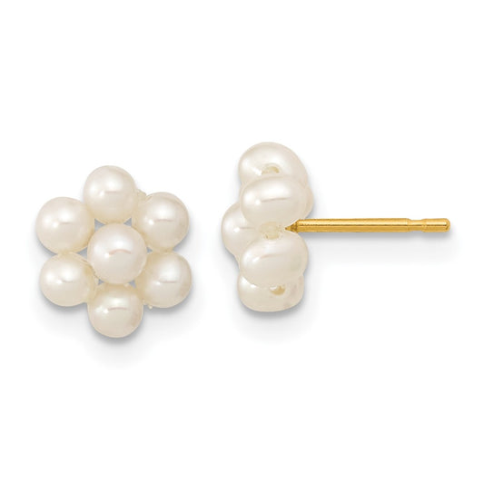 14K Yellow Gold 2-3mm White Button FWC Pearl Flower Earrings