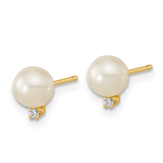 14K Yellow Gold 5-5.5mm White Round FWC Pearl CZ Post Earrings