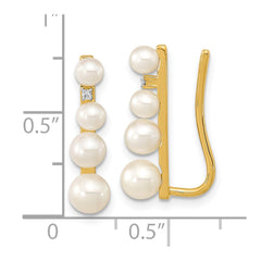 14K Yellow Gold 3-5mm FWC Pearl .016ct Diamond Ear Climber Earrings