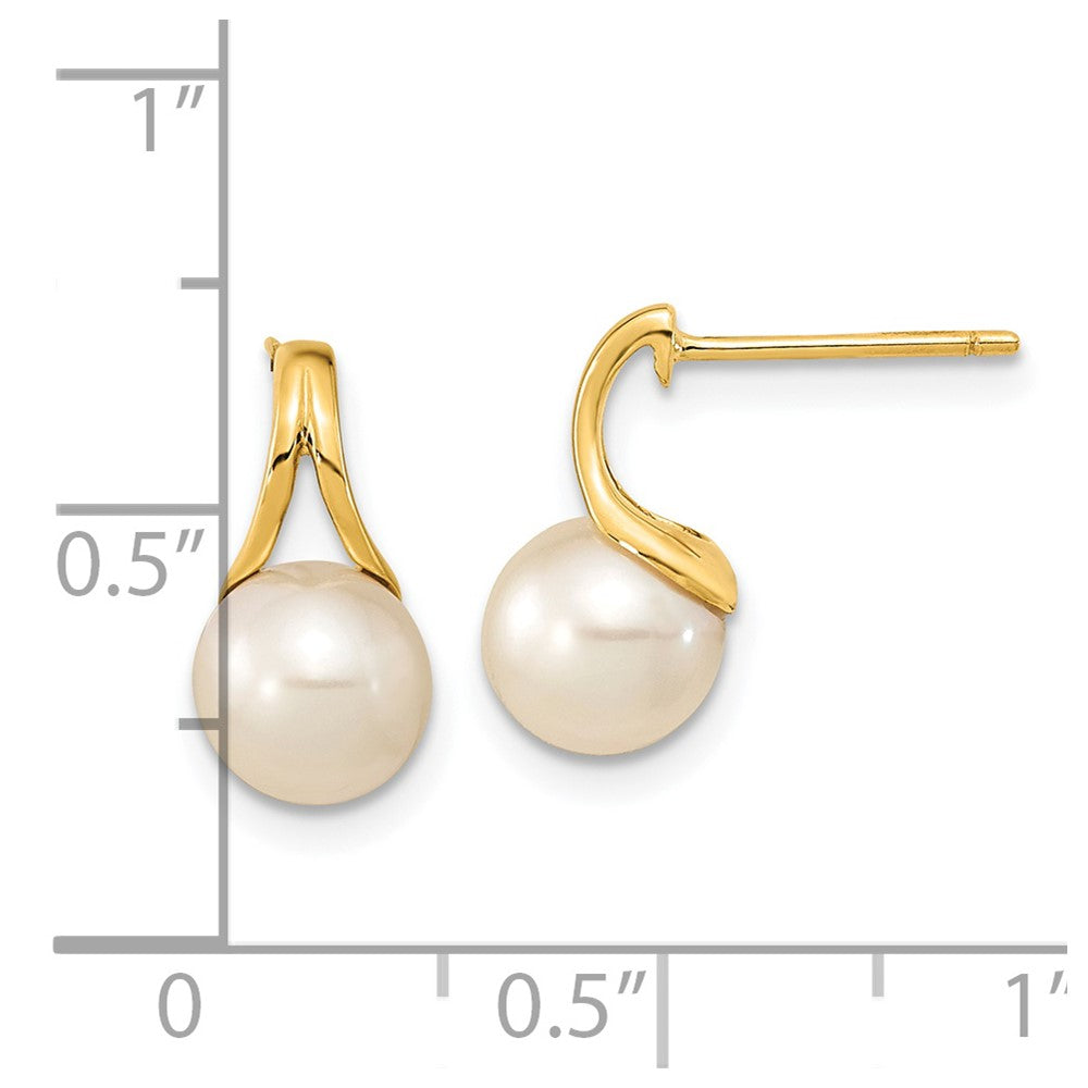 14K Yellow Gold 7-8mm White Round FWC Pearl Post Earrings