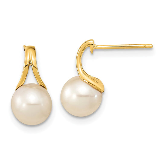 14K Yellow Gold 7-8mm White Round FWC Pearl Post Earrings