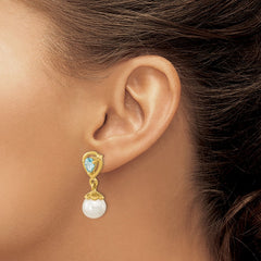 14K Yellow Gold 6-7mm FWC Pearl Light Swiss Blue Topaz Dangle Post Earrings