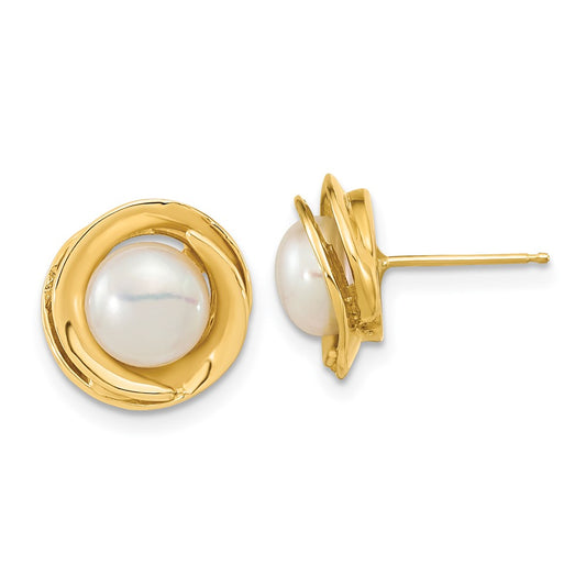 14K Yellow Gold 6-7mm White Button FWC Pearl Post Earrings