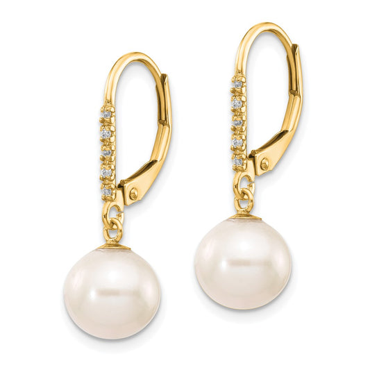 14K Yellow Gold 8-9mm White Round FWC Pearl .05ct Diamond Leverback Earrings