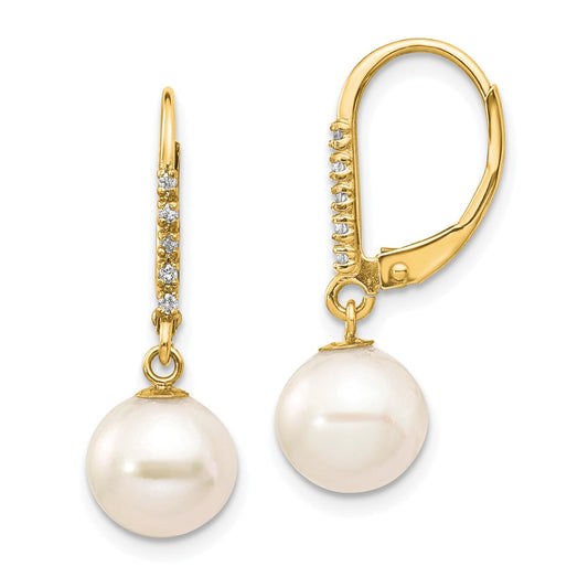 14K Yellow Gold 8-9mm White Round FWC Pearl .05ct Diamond Leverback Earrings