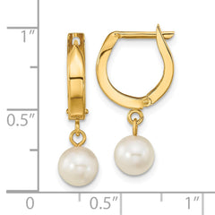 14K Yellow Gold 6-7mm White Round Akoya Saltwater Cultured Pearl Hoop Dangle Earrings