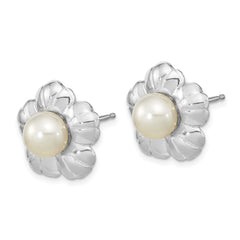 14K White Gold 5-6mm White Button FWC Pearl Flower Post Earrings