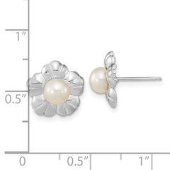 14K White Gold 5-6mm White Button FWC Pearl Flower Post Earrings