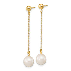 14K Yellow Gold 7-8mm White Round FWC Pearl Dangle Post Earrings