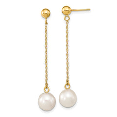 14K Yellow Gold 7-8mm White Round FWC Pearl Dangle Post Earrings