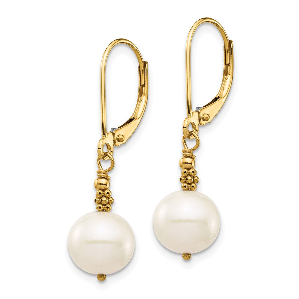 14K Yellow Gold 8-9mm Near Round White FWC Pearl Leverback Earrings