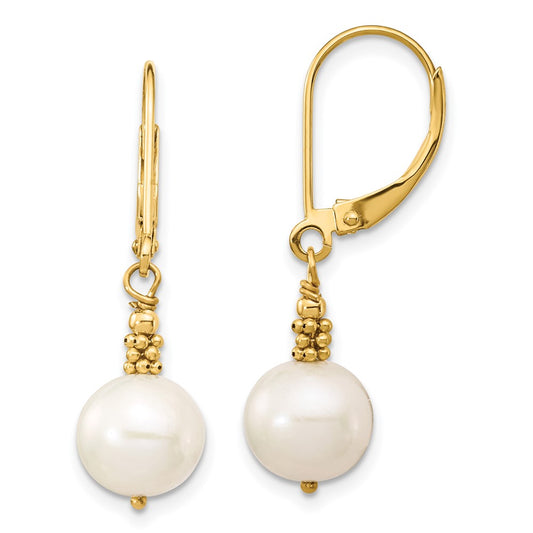 14K Yellow Gold 8-9mm Near Round White FWC Pearl Leverback Earrings