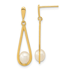 14K Yellow Gold 5-6mm White Rice FWC Pearl Dangle Post Earrings