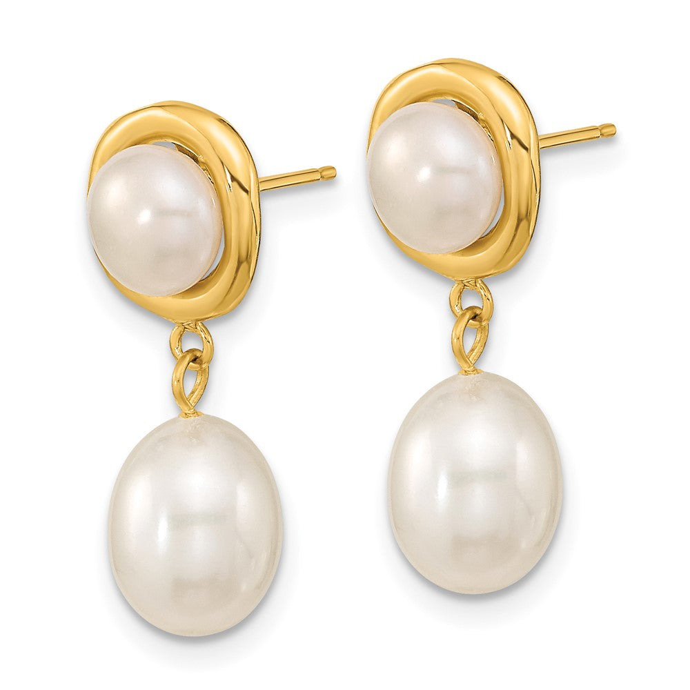 14K Yellow Gold 5-7mm White Button Rice FWC Pearl Dangle Post Earrings