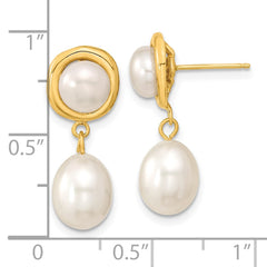 14K Yellow Gold 5-7mm White Button Rice FWC Pearl Dangle Post Earrings