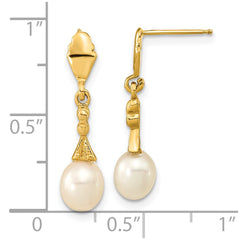 14K Yellow Gold 5-6mm White Teardrop FWC Pearl Dangle Post Earrings