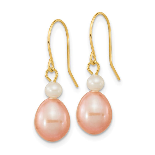 14K Yellow Gold 7-8mm White Pink Round Rice FWC Pearl Dangle Earrings