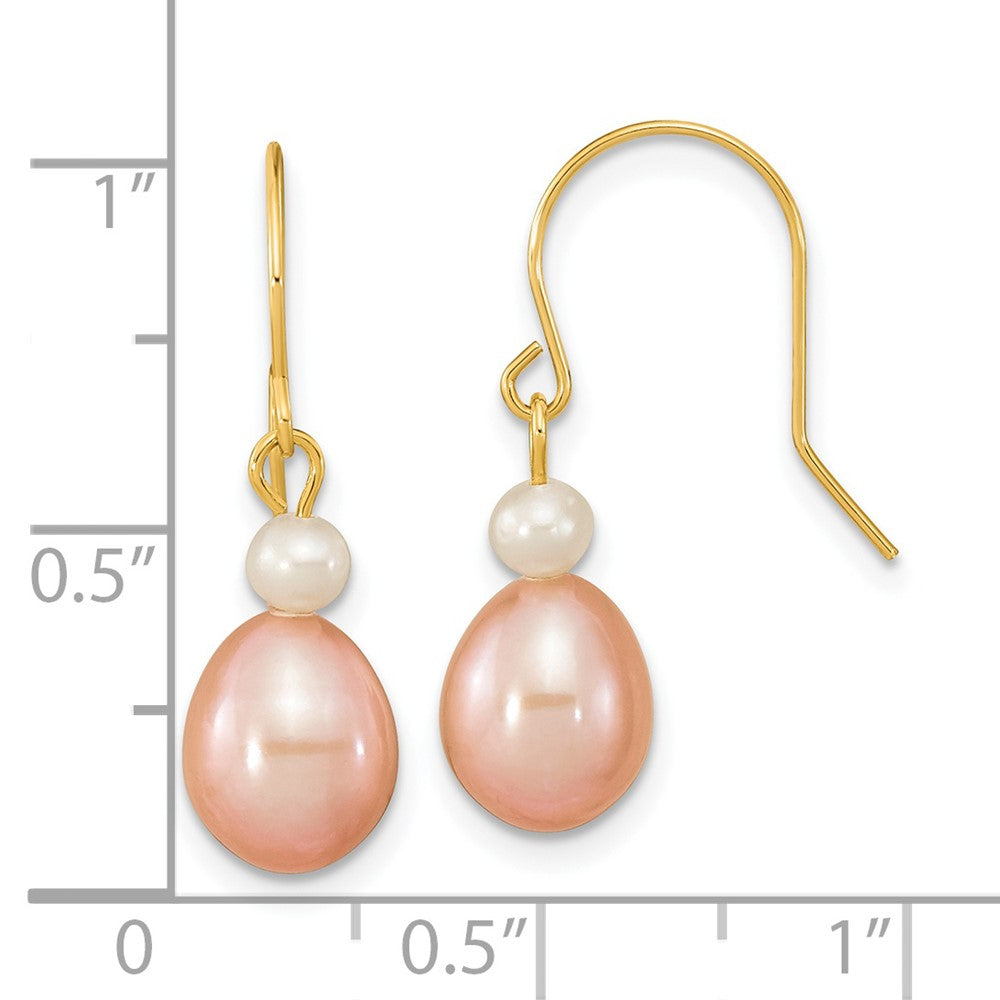 14K Yellow Gold 7-8mm White Pink Round Rice FWC Pearl Dangle Earrings