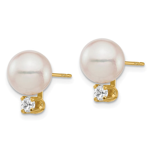 14K Yellow Gold 8-9mm White Round Saltwater Akoya Cultured Pearl Diamond Post Earrings