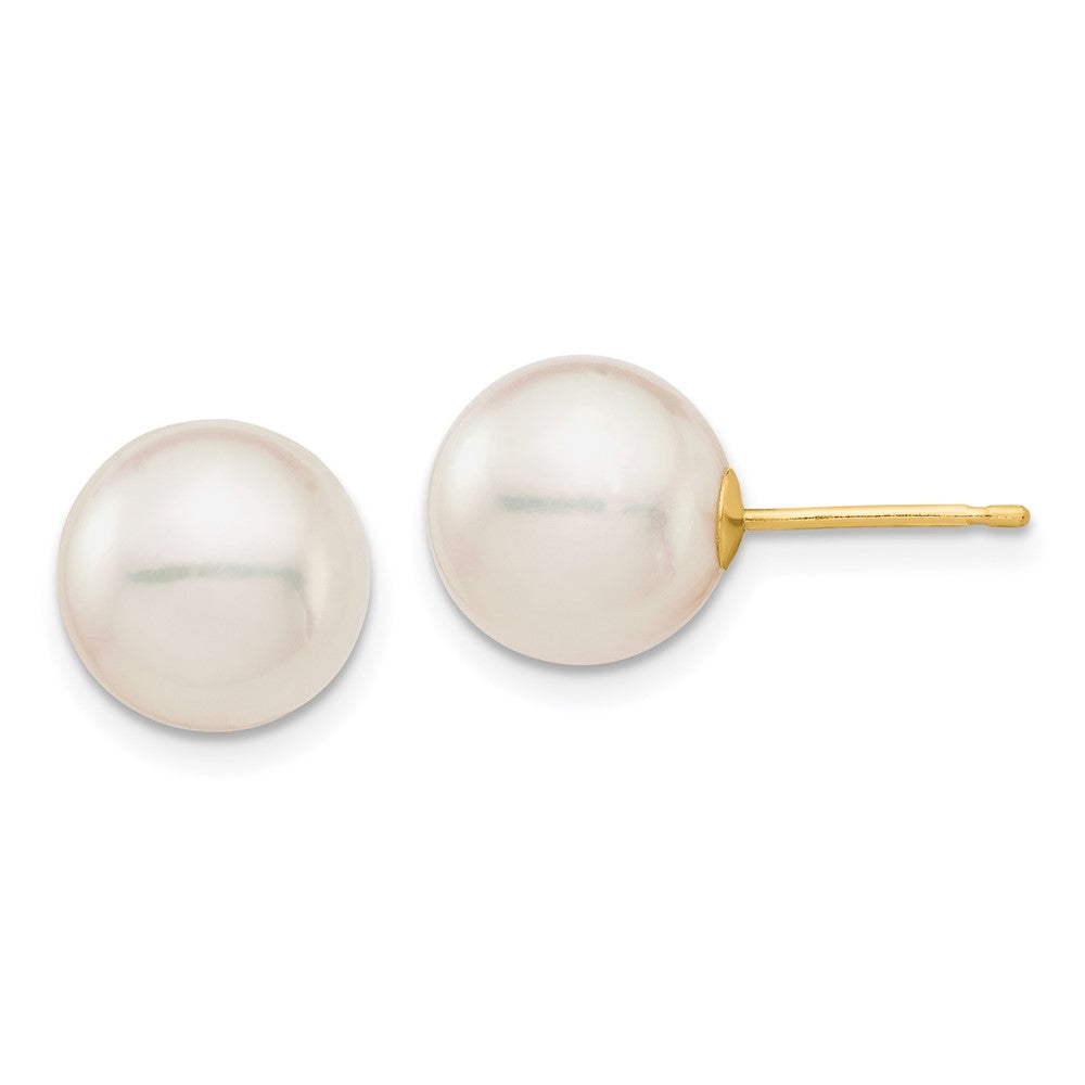 14K Yellow Gold 9-10mm White Round Saltwater Akoya Cultured Pearl Stud Post Earrings