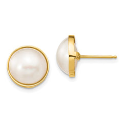 14K Yellow Gold 10-11mm White Saltwater Cultured Mabe Pearl Post Earrings
