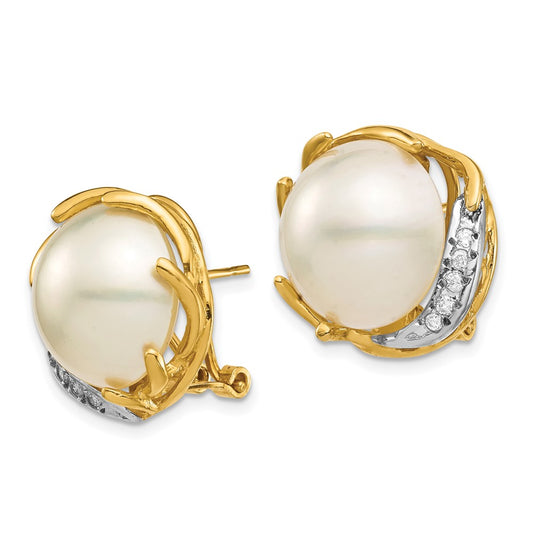 14K Yellow Gold 12-13mm Saltwater Cultured Mabe Pearl .10ct Diamond Omega Back Earrings