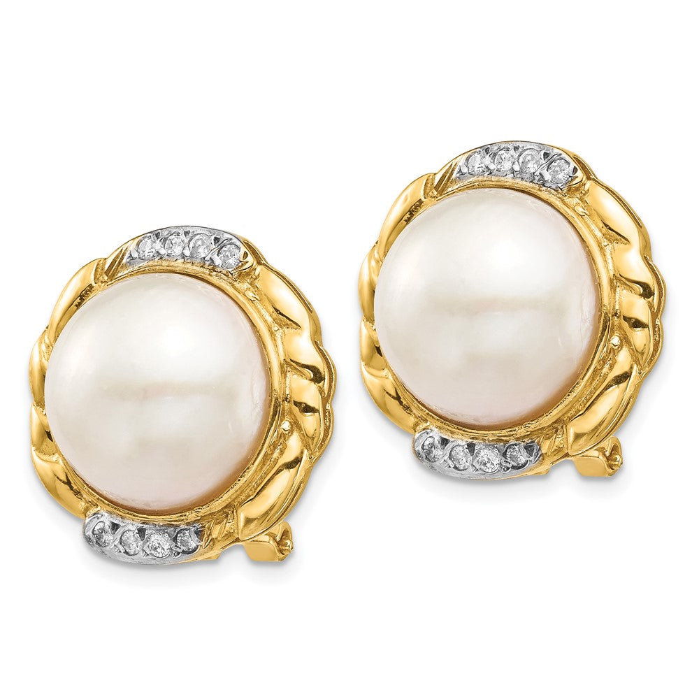 14K Yellow Gold 13-14mm White Saltwater Cultur Mabe Pearl .16ct Diamond Omega Back Earrings