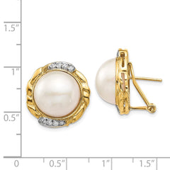 14K Yellow Gold 13-14mm White Saltwater Cultur Mabe Pearl .16ct Diamond Omega Back Earrings