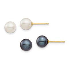 14K Yellow Gold 6-7mm White & Black Round FWC Pearl 2 pair Stud Post Earrings Set