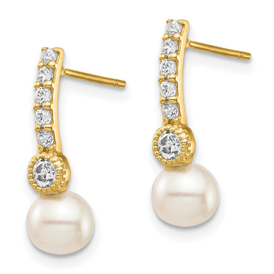 14K Yellow Gold 6mm White Semi-round FWC Pearl CZ Post Drop Earrings