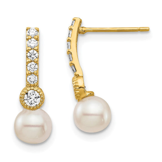 14K Yellow Gold 6mm White Semi-round FWC Pearl CZ Post Drop Earrings