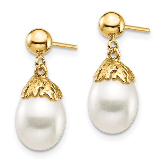 14K Yellow Gold 7-8mm White Rice FWC Pearl Dangle Post Earrings