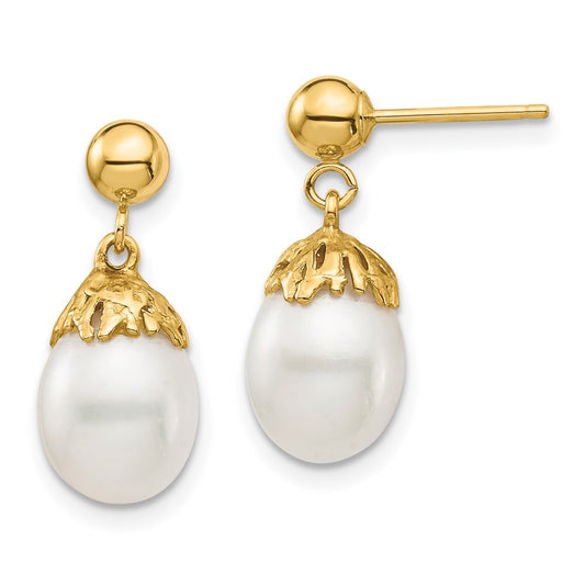 14K Yellow Gold 7-8mm White Rice FWC Pearl Dangle Post Earrings