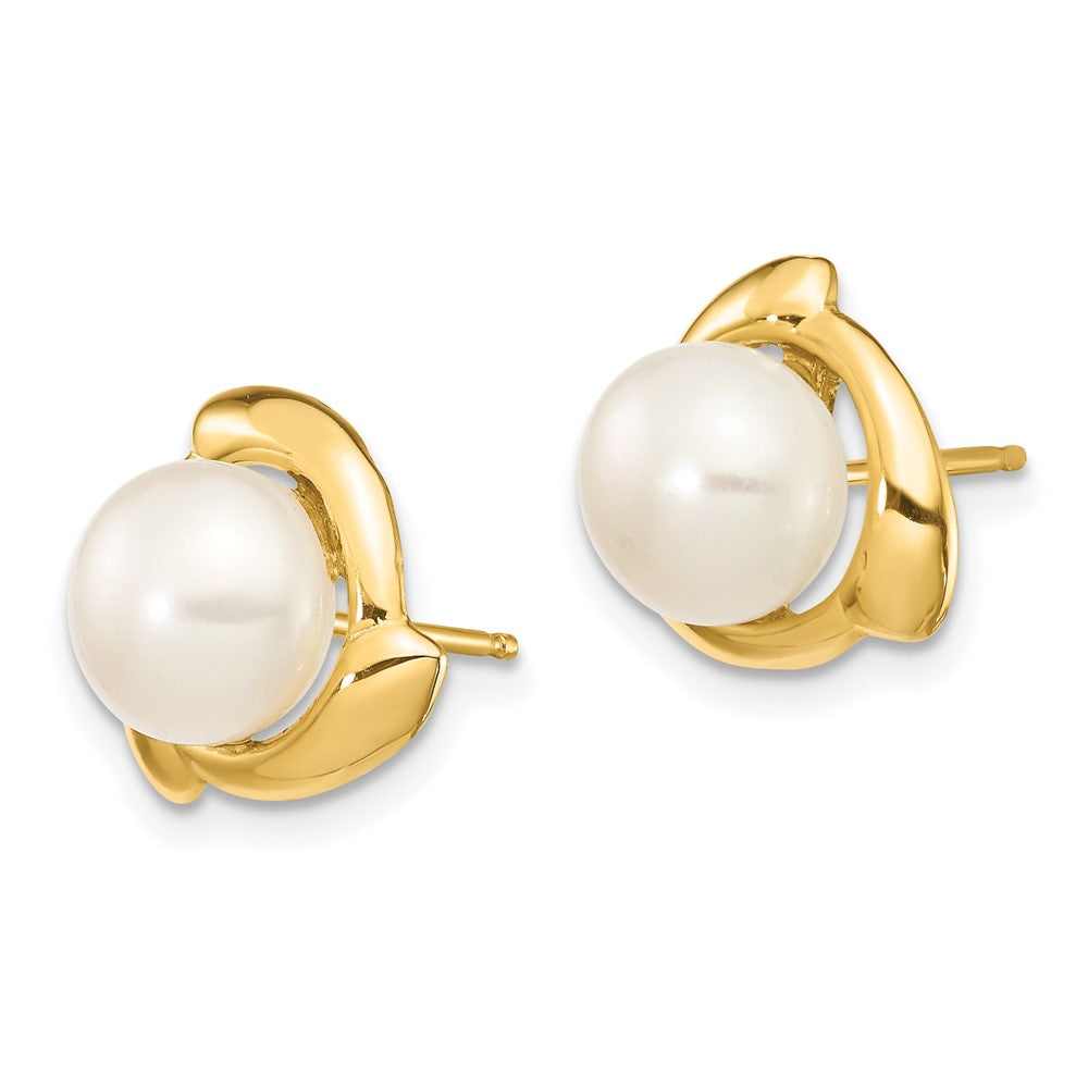 14K Yellow Gold 7-8mm White Button FWC Pearl Post Earrings