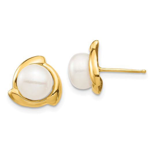 14K Yellow Gold 7-8mm White Button FWC Pearl Post Earrings