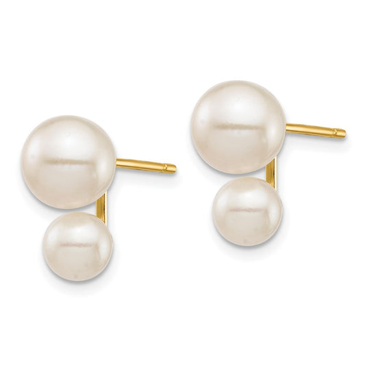 14K Yellow Gold 5 & 7mm White Round FWC Double Pearl Post Earrings