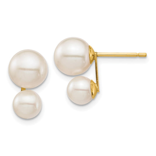 14K Yellow Gold 5 & 7mm White Round FWC Double Pearl Post Earrings