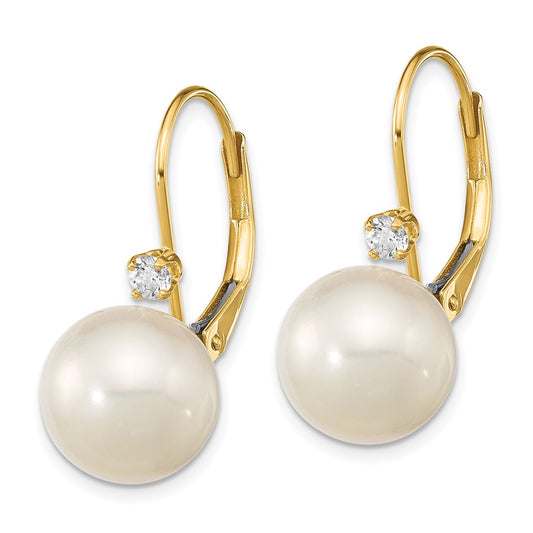 14K Yellow Gold 9-9.5mm White Round FWC Pearl .10ct Diamond Leverback Earrings