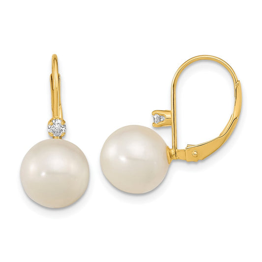 14K Yellow Gold 9-9.5mm White Round FWC Pearl .10ct Diamond Leverback Earrings