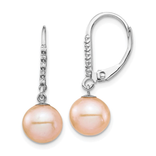 14K White Gold 8-9mm Pink FWC Pearl .05ct Diamond Leverback Earrings