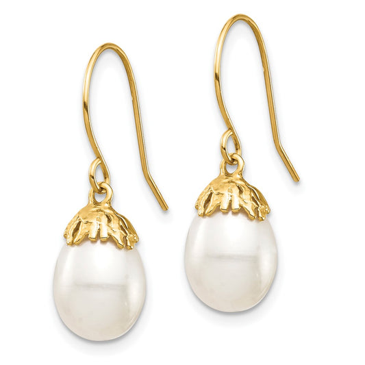 14K Yellow Gold 7-8mm White Rice FWC Pearl Dangle Earrings