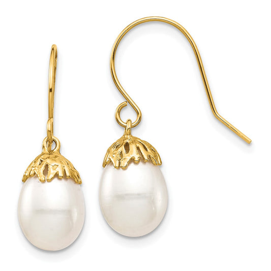 14K Yellow Gold 7-8mm White Rice FWC Pearl Dangle Earrings